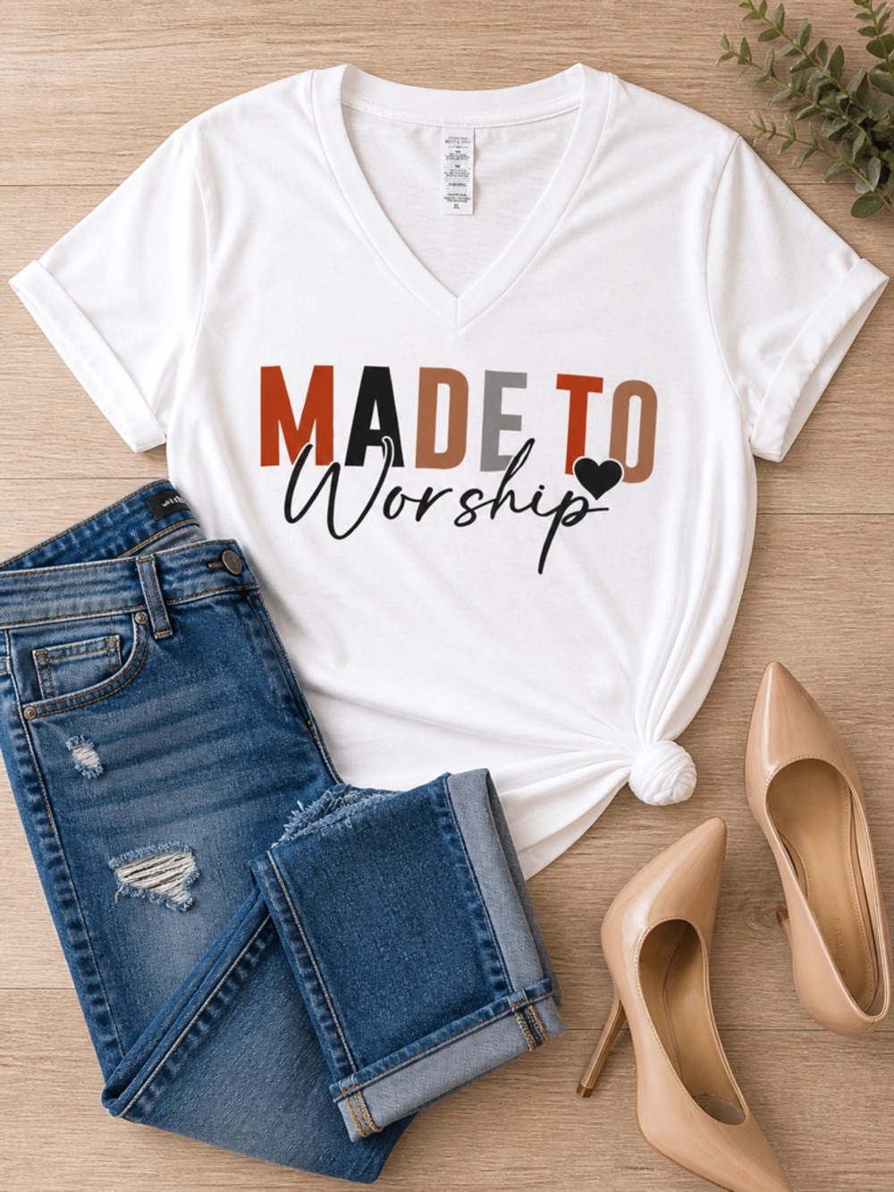 Women’s White V-Neck 'Made to Worship' Graphic Tee